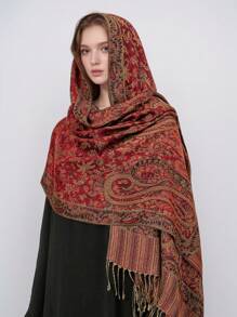 1pc Women Bohemian Vintage Paisley Floral Jacquard Hijab, Casual Autumn/Winter Sunscreen Scarf Shawl, Suitable For Daily Wear - Red - View 2