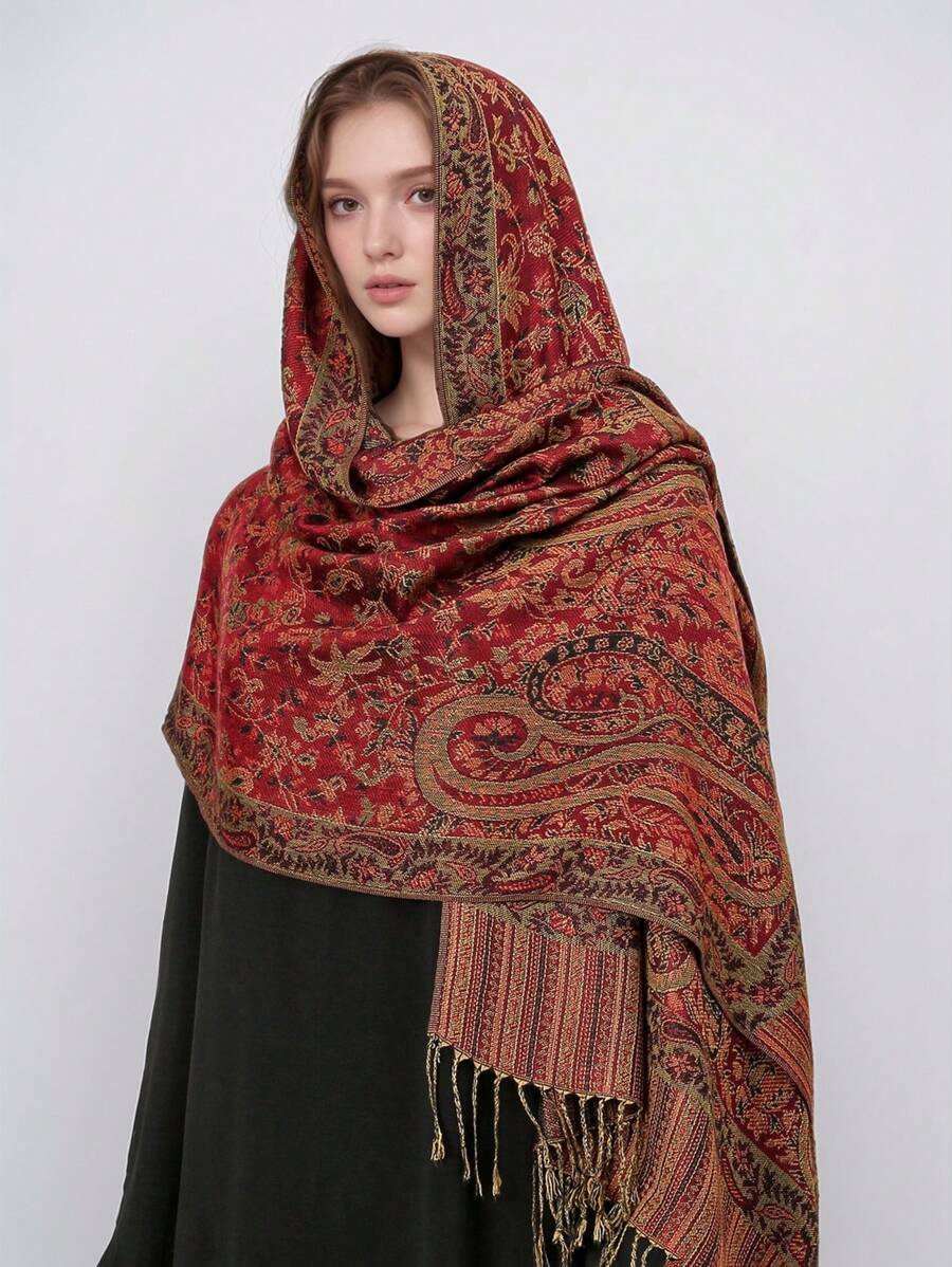 1pc Women Bohemian Vintage Paisley Floral Jacquard Hijab, Casual Autumn/Winter Sunscreen Scarf Shawl, Suitable For Daily Wear