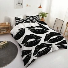 Bộ 3 vỏ chăn in họa tiết đôi môi đen theo phong cách Bắc Âu (1 vỏ chăn + 2 vỏ gối, không có lõi), chủ đề không gian lãng mạn, - Độ mềm mại sang trọng, thoải mái thoáng khí, hoàn hảo cho phòng ngủ và phòng khách, thoải mái, không gây dị ứng và dễ chăm sóc, phù hợp với mọi mùa - Đen và trắng - Xem 6