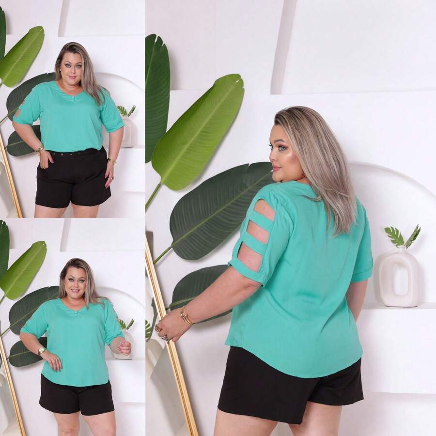 Women's Plus Size Blouse V-Neck With Detail On The Sleeves - Màu xanh Ô liu - Xem 1