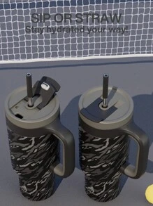 Powcan 40盎司真空保温水瓶，带盖和吸管，不锈钢保温旅行杯，保冷34小时或保温10小时，便携式，适合户外露营（迷彩） - 黑色 - 查看 6