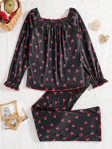 时尚优雅甜美休闲家居套装，方形领口设计长袖上衣和满满樱桃图案的裤子。采用褶边设计，适合女孩在春秋季穿着两件套睡衣 - 黑色 - 查看 2