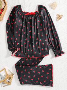 时尚优雅甜美休闲家居套装，方形领口设计长袖上衣和满满樱桃图案的裤子。采用褶边设计，适合女孩在春秋季穿着两件套睡衣 - 黑色 - 查看 1