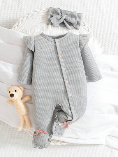 女宝宝纯色长袖蝴蝶结连脚连衣裤