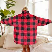 1 件带袖羊毛可穿戴毯子，连帽运动衫款式，超大袋鼠口袋，带 3 个入口（左、右、上），适合小型宠物，适合冬季 - 紅色格紋 - 查看 2