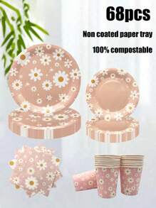 68件套，一次性餐具，粉色花朵主题一次性纸盘，蛋糕盘，派对盘，生日盘，材质，适用于生日派对、促销活动、聚会、野餐、露营、烧烤等场合。 - 彩色 - 查看 5