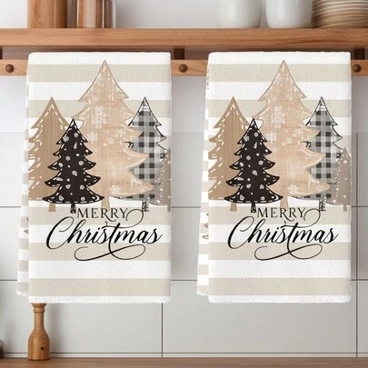 2件套圣诞厨房毛巾套装，冬季农舍雪人和圣诞树图案，超强吸水提花洗碗布，米色卡通涤纶茶巾，节日装饰及礼品