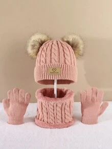 3pcs/Set Children's Warm 3 Pieces Set, & Fashionable Cold-Proof Heart Pattern Knit Hat For Autumn/Winter - Solid Color Love Two Piece Set - View 21