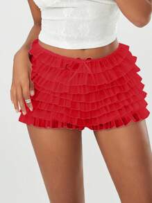 Women's Summer Ruffled Frilly Shorts, Multi-Layer Mesh Short Pants Sweet Cute Bloomers - Red - View 4
