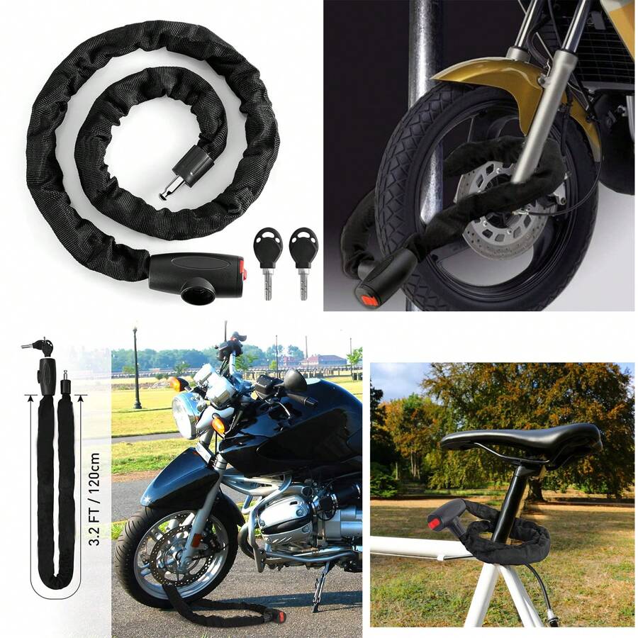 120cm Bicycle Lock High Security, Chain Lock Bicycle Made Of 6mm Hardened Steel, Long Bicycle Lock With 2 Keys, Children's Bicycle Lock For Bicycles, Motorcycles, Scooters, E-Bikes - 黑色 - 查看 1
