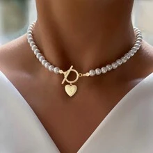 1 chiếc mặt dây chuyền hình trái tim màu vàng cổ điển có móc khóa, vòng cổ hạt ngọc trai giả cổ điển dành cho phụ nữ - trắng - Xem 1