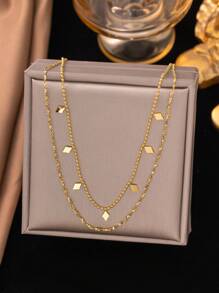 1pc Gold-Color Double Layered Tassel Beaded Stainless Steel Necklace For Men & Women, Simple, Street Style, Casual