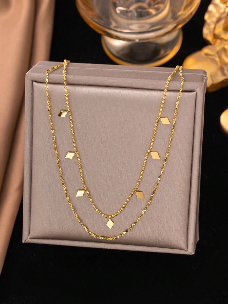1pc Gold-Color Double Layered Tassel Beaded Stainless Steel Necklace For Men & Women, Simple, Street Style, Casual