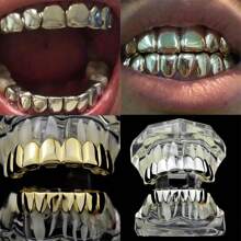 THATBOY 18K Golden Silvery Plated HIP HOP Teeth Grillz Top & Bottom Grills Set With Silicone Real Shiny Vampire Tooth Sets