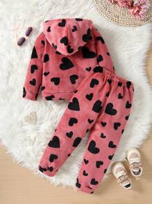 2pcs/Set Young Girl Heart Print Fleece Hooded Sweatshirt And Pants Set, Comfortable & Cute Casual Warm Outfit, Autumn/Winter - Hot Pink - View 3