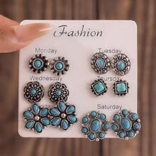 Set de 6 a 18 piezas de joyería estilo bohemio vintage con diseños exagerados de óvalos, formas geométricas y flores de turquesa - imagen principal - Ver 13