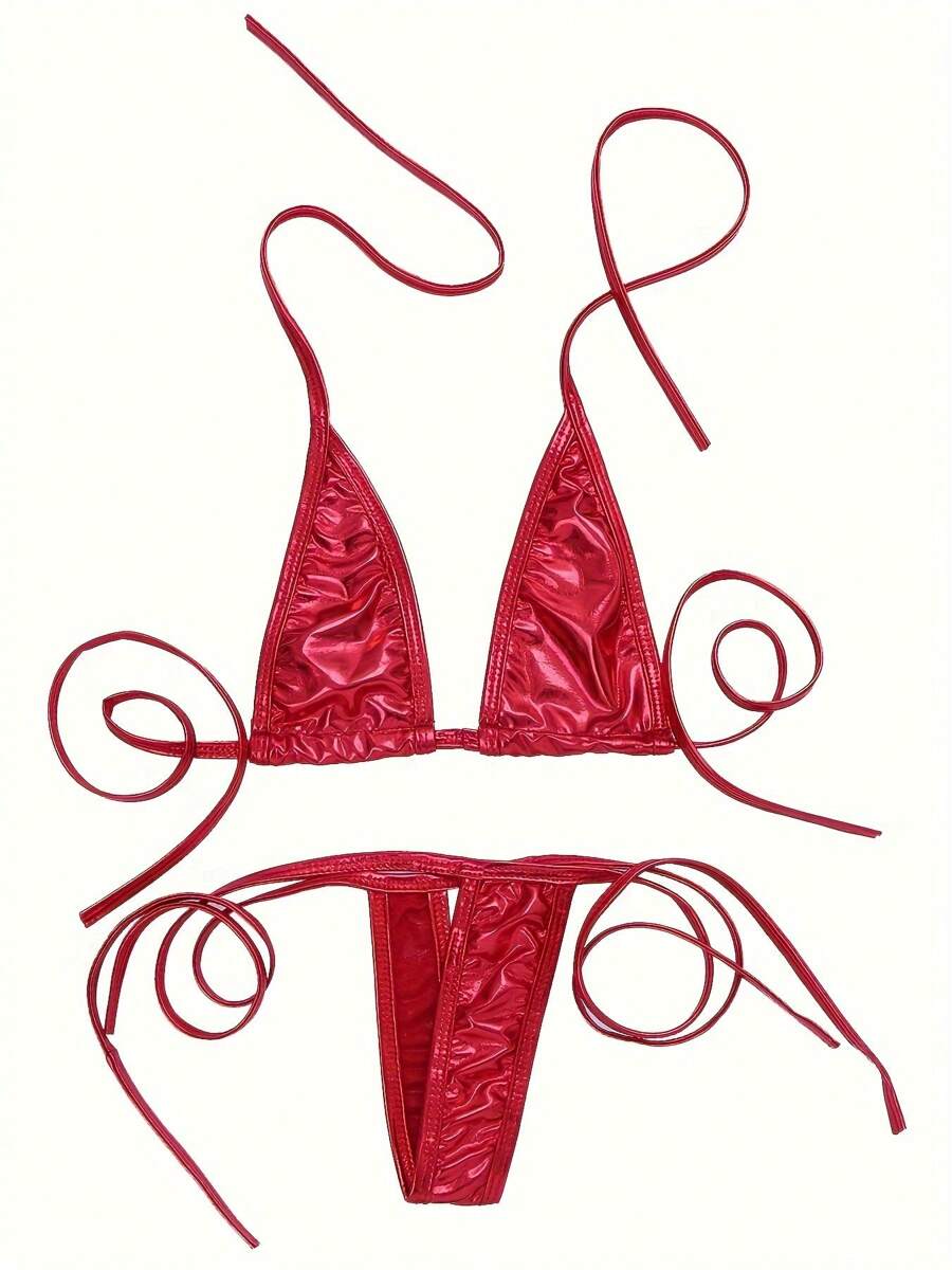 Women's Sexy Backless Lingerie Set V-Neck Triangle Back Tie Top Low Rise Thong Pants Vintage Red Underwear Fashion Charm Design, Intimates Bra & Panty, Women's Sexy Clothing - Đỏ - Xem 1