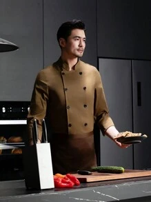 Khaki Long Sleeve Chef Uniform, Skin-Friendly Breathable & Durable, Washable Non-Pilling Non-Shrink, Double-Breasted Design, Available In Small Size, Unisex, Suitable For Cafe, Fast Food, Catering, Bakery, Hotel Kitchen, Restaurant, Cafeteria, Western Restaurant, Autumn/Winter/Spring - Khaki - View 5