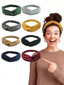 8/2/4 件套针织头带，欧式交叉弹力纯色温暖时尚手工发带，女士发饰 - 彩色 - 查看 8