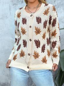 Maple Leaf Pattern Jacquard Drop Shoulder Long Sleeve Crew Neck Casual Knit Cardigan For Women - Apricot - View 4