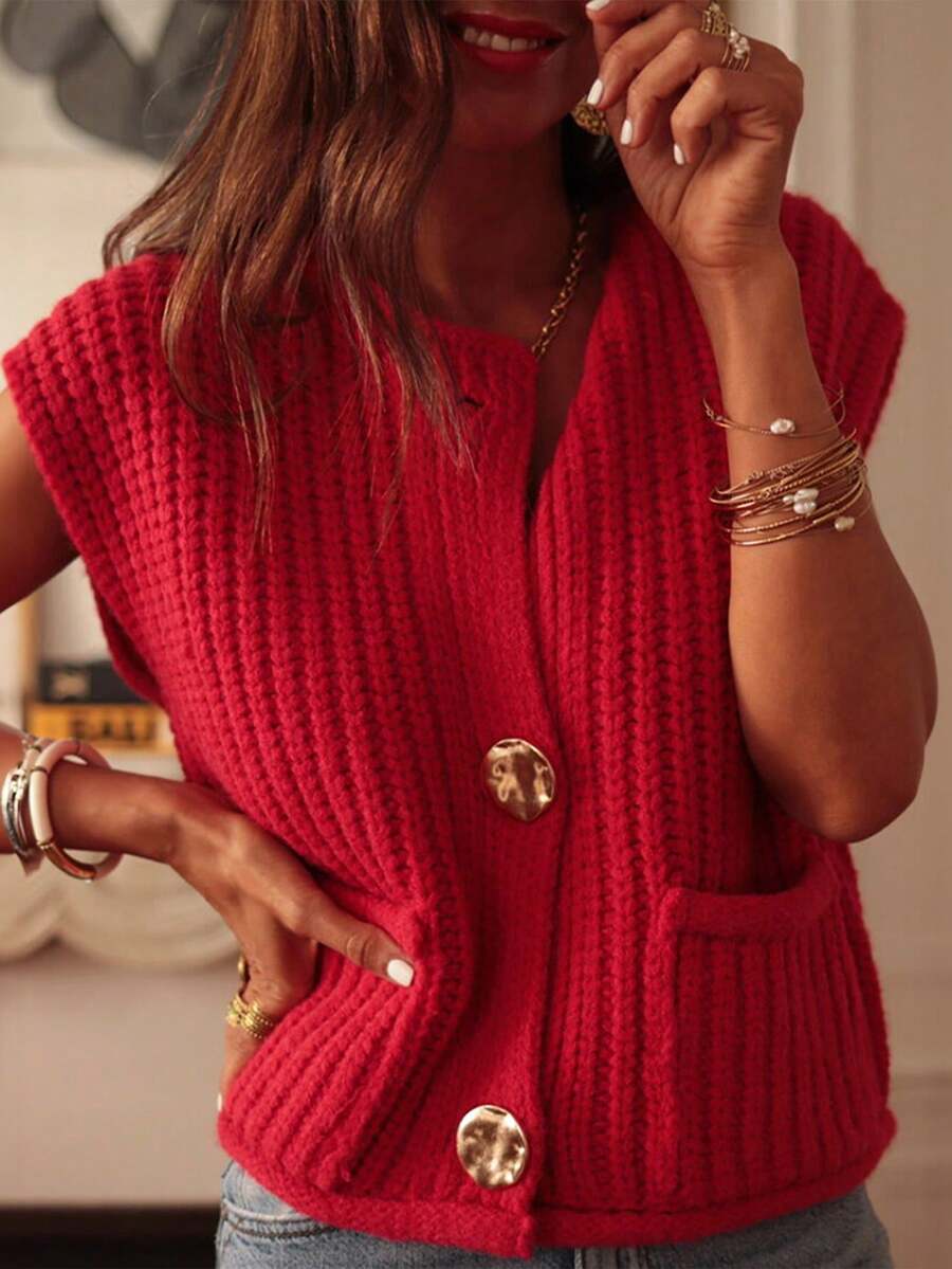 Astylish Women's Fiery Red Solid Textured Knit Side Pockets Buttoned Knitted Sweater Vest New Years Tops Festival Outfits - Red - View 1