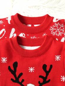 Set de 2 suéteres de niño con diseño de copos de nieve y letras navideñas, adecuado para primavera/otoño/invierno - Rojo - Ver 3