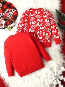 Set de 2 suéteres de niño con diseño de copos de nieve y letras navideñas, adecuado para primavera/otoño/invierno - Rojo - Ver 2