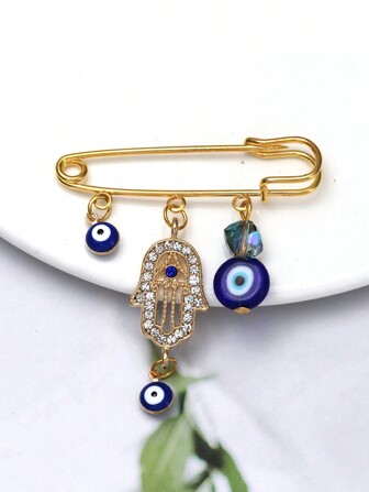 1pc Fashionable Blue Eye & Metallic Hamsa Hand Shaped, Oil Drip Detail Brooch Pin Suitable For Daily Wear, Men & Women