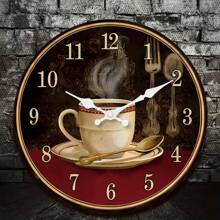 1 件复古咖啡杯木制挂钟，静音不滴答台钟，适用于客厅卧室办公室厨房咖啡厅装饰，咖啡爱好者的礼物，有 10 英寸、12 英寸、14 英寸、16 英寸可供选择（不含电池） - 彩色 - 查看 2