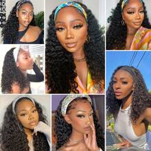180% Density Human Hair Wig Natural Color Long Kinky Curly Headband Human Hair Wigs Wear And Go Glueless Wig For Women Full Machine Made Wig With Band - Natural Black - 查看 8