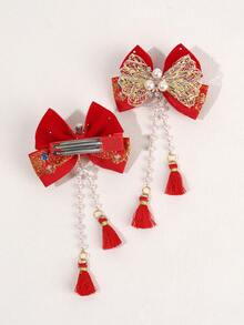 2 件红色新年蝴蝶结发夹配金色网状蝴蝶结装饰，华丽发夹配长吊坠鳄鱼夹流苏发饰，适合日常派对佩戴 - 彩色 - 查看 7