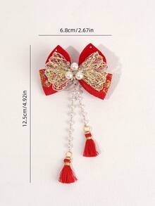 2 件红色新年蝴蝶结发夹配金色网状蝴蝶结装饰，华丽发夹配长吊坠鳄鱼夹流苏发饰，适合日常派对佩戴 - 彩色 - 查看 6