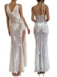 Women Sheer Mesh Sleeveless Dress Summer V Neck Flower Slit Party Dress For Cocktail Beach Club Streetwear - 白色 - 查看 8