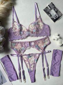 Women's Romantic Dating Purple Embroidery Bra Set For Going Out - Purple - View 3