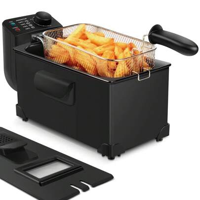 Freidora de 3 Litros, 2200 W, Tapa con Ventana de Visualización, Termostato Ajustable, Acero Inoxidable de Tipo 304 y Recipiente Totalmente Extraíble para Vaciado de Aceite, Negro