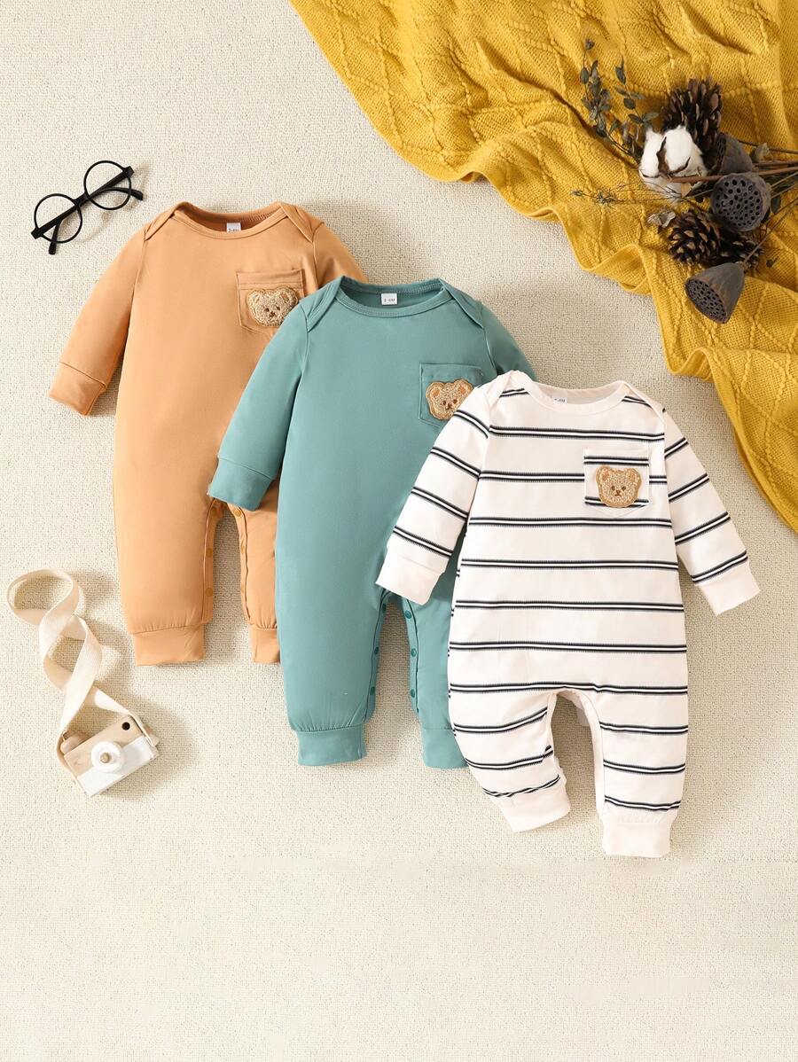 3pcs Baby Boys Casual Comfortable Striped & Star Pattern Long Sleeve Jumpsuit, Lightweight Suitable For Spring/Summer