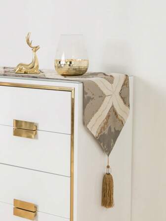 1 Pieza Corredor De Mesa A Cuadros De Rombos Con Tela Jacquard De Alta Densidad Y Borla De Cristal Triangular Para Cocina, Comedor, Café, Hotel Y Bar