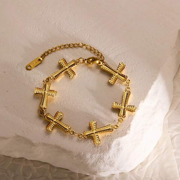 Hipoalergiczna stal nierdzewna pozłacana 18-karatowym złotem modna bransoletka z krzyżem ręcznie robiona masywna biżuteria dla kobiet