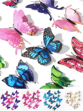 12 件 3D 彩色双层翅膀 PVC 仿真蝴蝶冰箱贴套装，人造蝴蝶墙贴，适用于家居装饰，可爱蛋糕装饰，派对用品，创意设计蝴蝶贴纸，适用于节日和派对