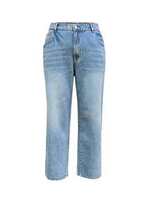Plus Size Women Casual Straight Leg Front Button Pockets Denim Jeans
