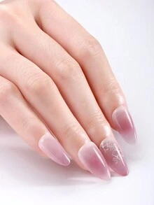 Beauty Sticker 20 片半固化凝胶指甲垫（多色）、裸粉色花卉水晶指甲垫、自粘式全覆盖指甲套装、包含 1 个指甲锉、需要紫外线灯、易于涂抹和去除、适合女性和女孩的日常 DIY 美甲 - 藕粉色 - 查看 2