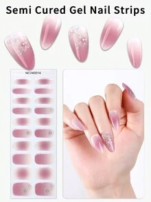 Beauty Sticker 20 片半固化凝胶指甲垫（多色）、裸粉色花卉水晶指甲垫、自粘式全覆盖指甲套装、包含 1 个指甲锉、需要紫外线灯、易于涂抹和去除、适合女性和女孩的日常 DIY 美甲 - 藕粉色 - 查看 1