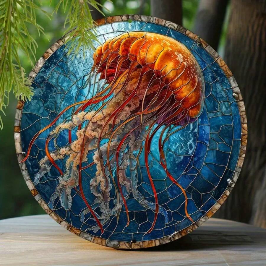 1 件木制水母设计装饰磨砂玻璃圆形花环，公寓装饰，父亲节礼物，圣诞节/新年装饰标志，圣诞节/新年礼物，多种风格 - 彩色 - 查看 1