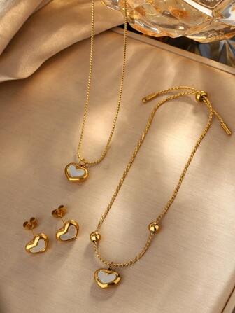 VceTd 4 件/套优雅复古风格项链、手链、耳环套装，配白色贝壳心形或红色塑料女王心形不锈钢吊坠，适合女性在派对、婚礼或情人节佩戴