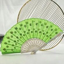 D EXCEED 1 件女士折扇，手工制作优雅彩色刺绣花朵孔雀图案亮片面料折扇（多色）