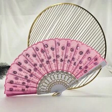 D EXCEED 1 件女士折扇，手工制作优雅彩色刺绣花朵孔雀图案亮片面料折扇（多色）