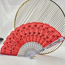 D EXCEED 1 件女士折扇，手工制作优雅彩色刺绣花朵孔雀图案亮片面料折扇（多色）