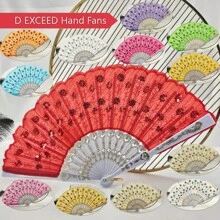 D EXCEED 1 件女士折扇，手工制作优雅彩色刺绣花朵孔雀图案亮片面料折扇（多色）