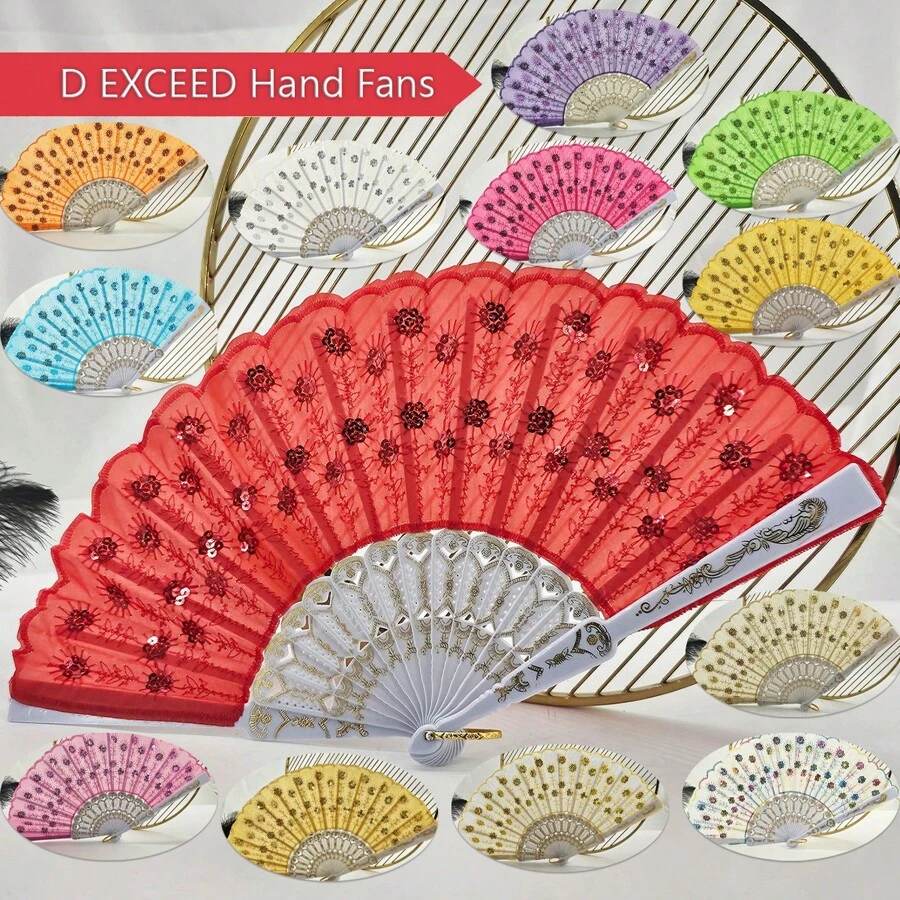 D EXCEED 1 件女士折扇，手工制作优雅彩色刺绣花朵孔雀图案亮片面料折扇（多色）