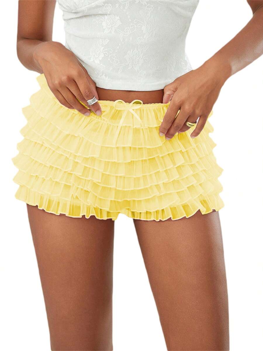 Women's Summer Ruffled Frilly Shorts, Multi-Layer Mesh Short Pants Sweet Cute Bloomers - Yellow - View 1